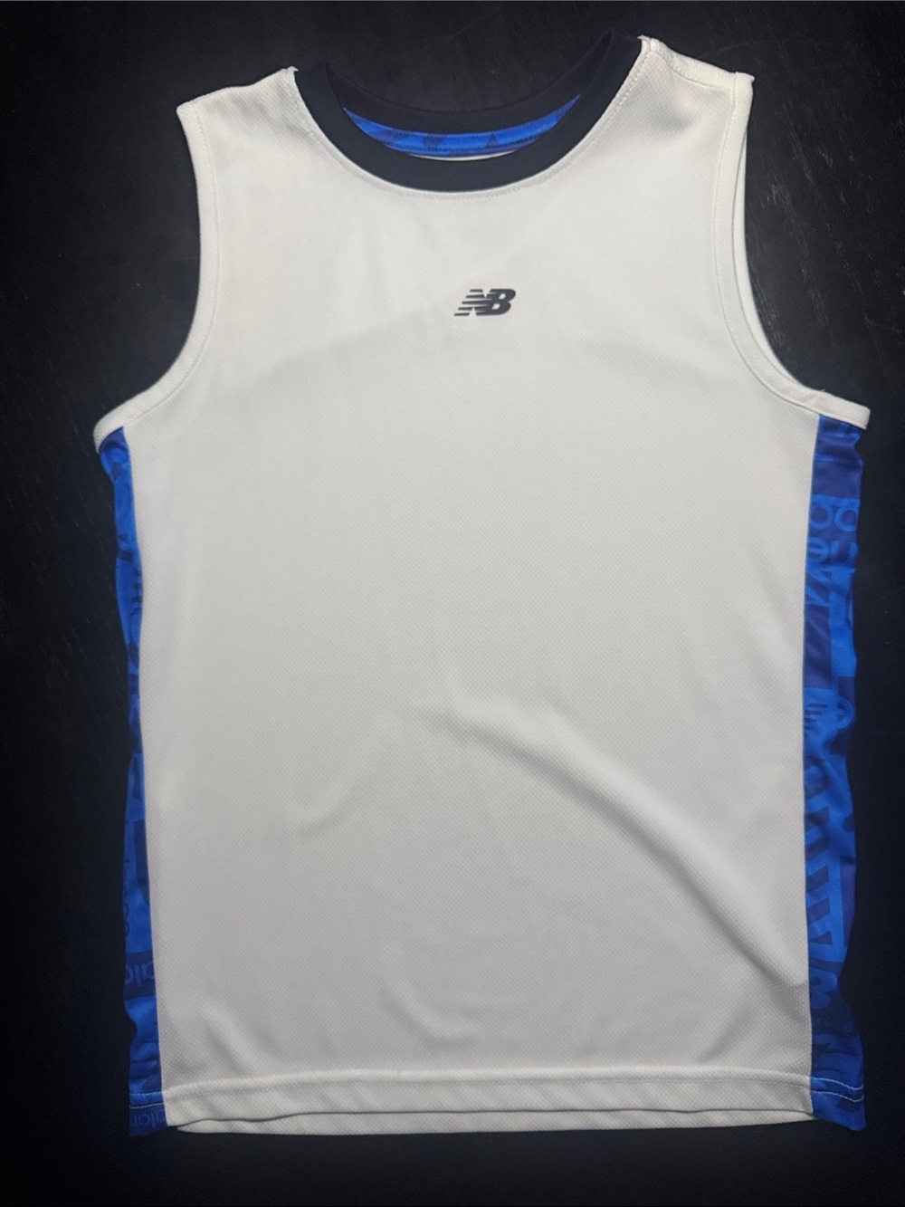 New Balance White Tank with Blue Side Panels and Navy Trim